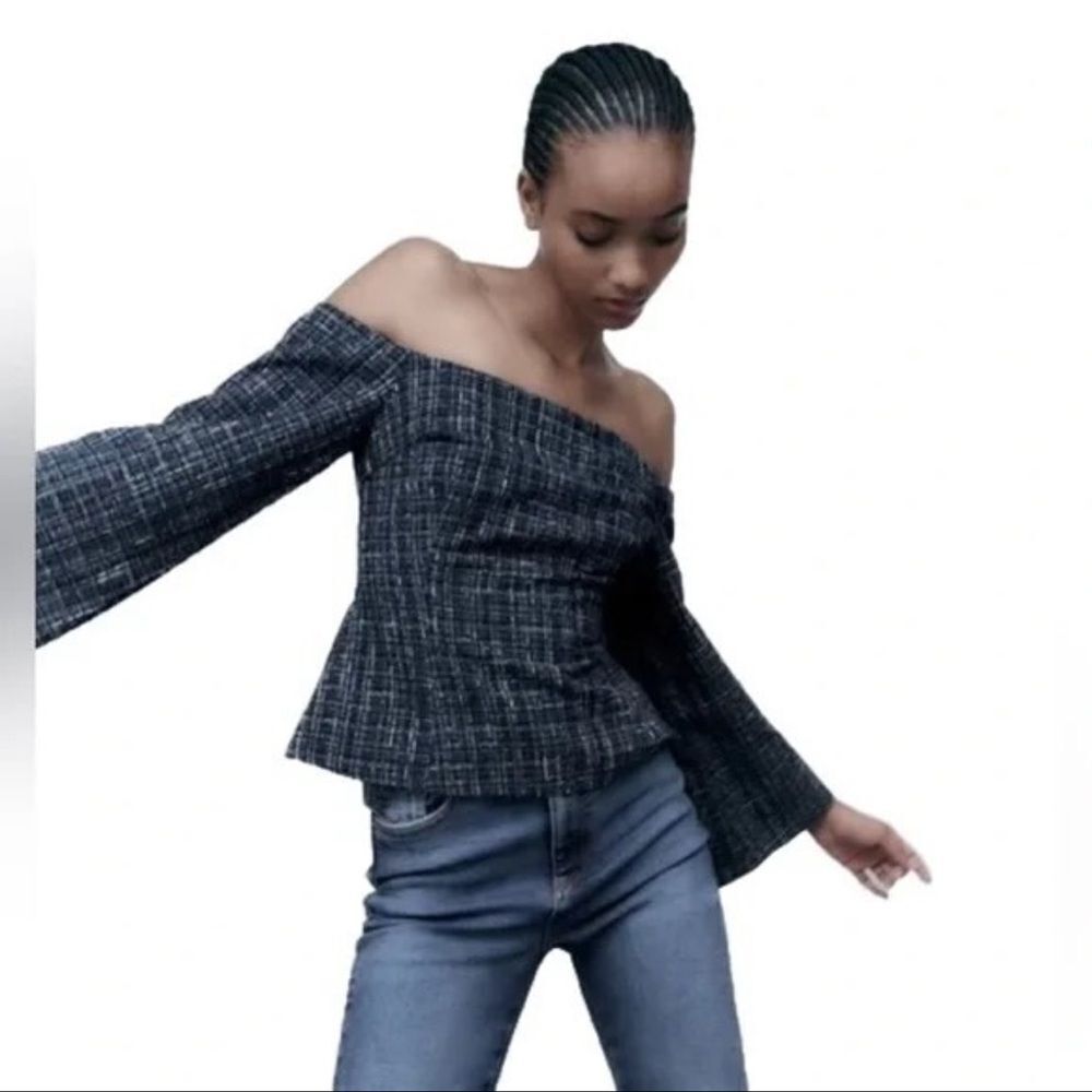 ZARA Navy Tweed Off Shoulder Top | Structured Bouclé | Small